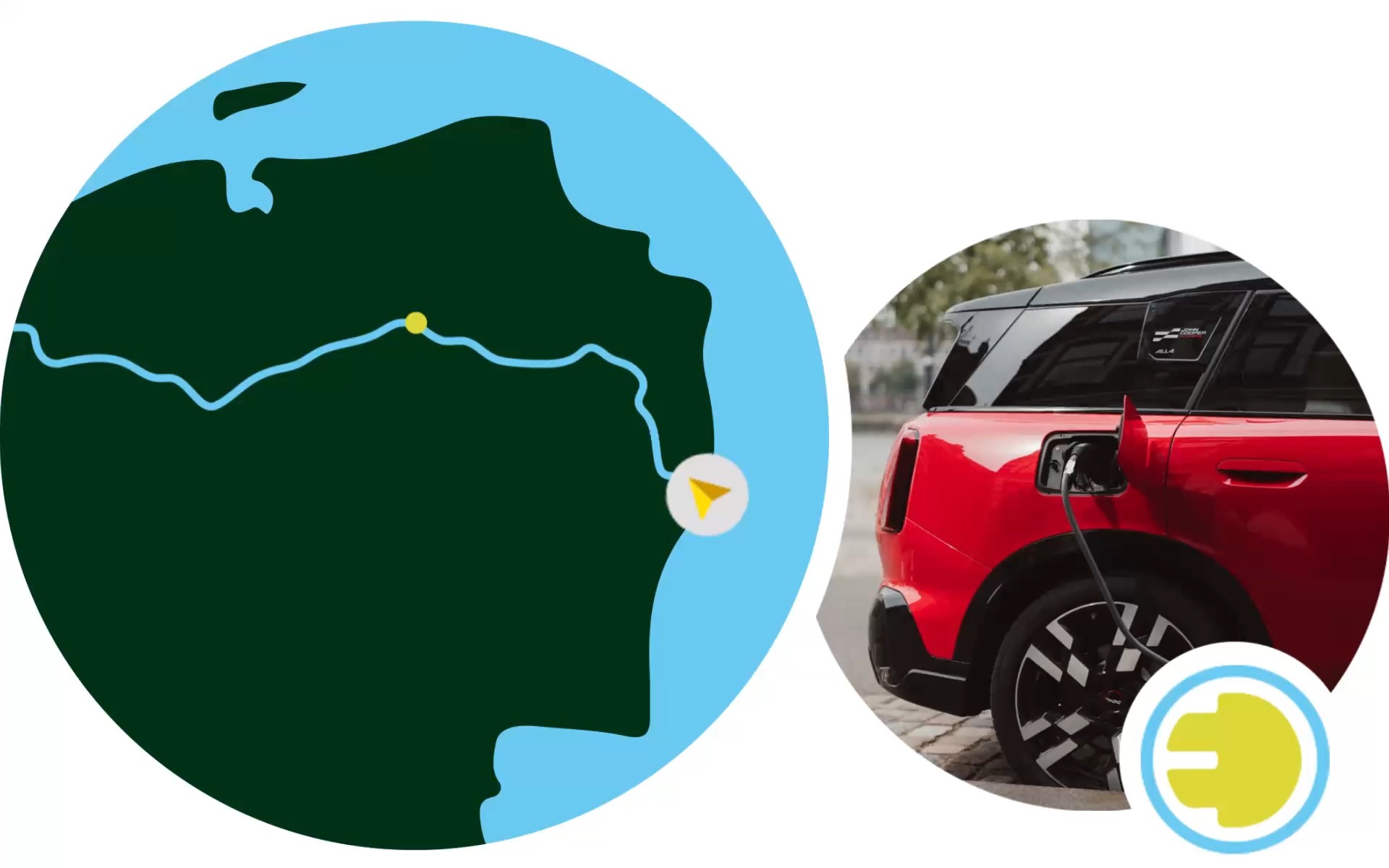 Pictured: the general map outline of Katarina and Uros’ journey in the Netherlands. Back half of the all-electric MINI Countryman in Chili Red and its open charging port as it charges.